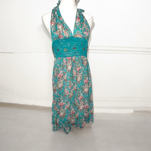 Floral Teal Halter Dress fairycore sequins beaded M/L y2k vintage - Picture 1 of 7